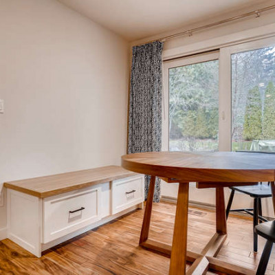 Bothell Kitchen built-in seating hickory cabinets storage white