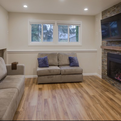 Bothell Basement Remodel paint white millwork ash mantel