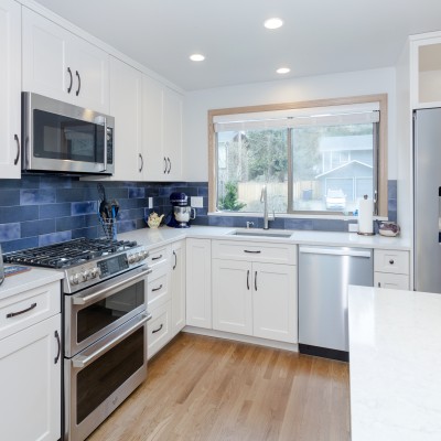 Bothell Kitchen Remodel cabinets huntwood white blue modern