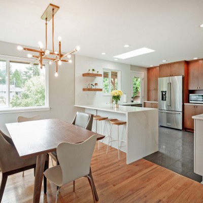 shoreline renovation lighting chandelier dining mid century hardwood