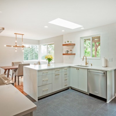 Shoreline skylight open concept remodel quartz lighting