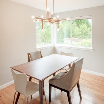 shoreline renovation lighting chandelier dining mid century hardwood