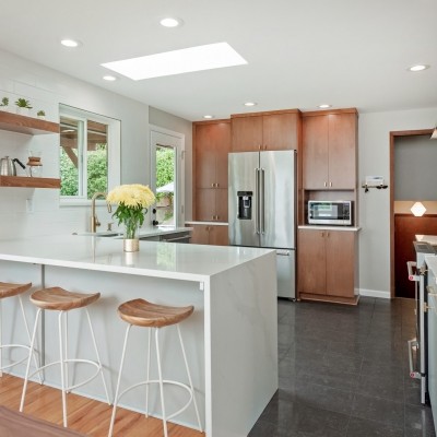 bar seating waterfall contractor kitchen remodel shoreline wa