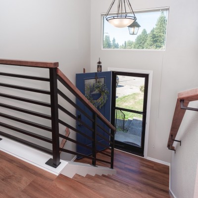 split level remodel wood floors modern railing system mays pond