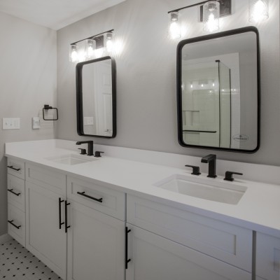 vanity quartz drawer pulls matte black white mill creek renovation
