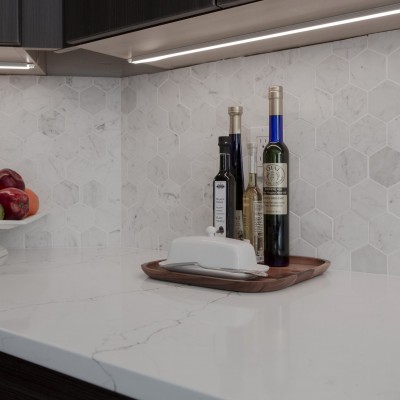 clean counter kitchen quartz mosaic backsplash mill creek