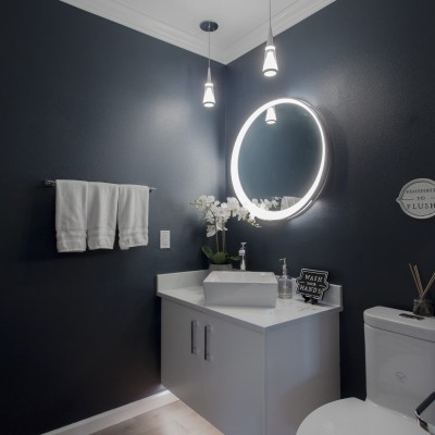 blue bathroom powder LED lighted mirror mill creek design build