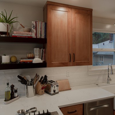 Huntwood Cabinets with under cab lights, Floating Shelves