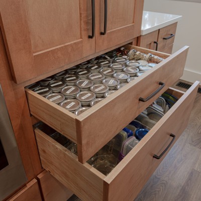 Huntwood pantry cabinet with large drawers with heavy-duty slides