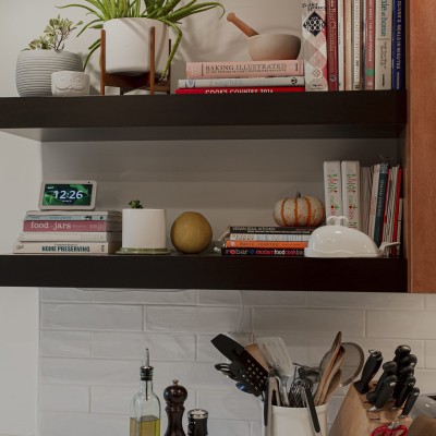 Huntwood Cabinets with under cab lights, Floating Shelves