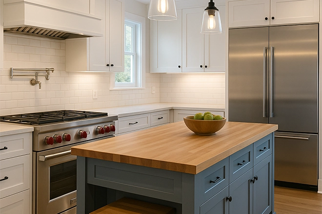 ChatGPT Image of a kitchen with butcher block island and other kitchen amenities