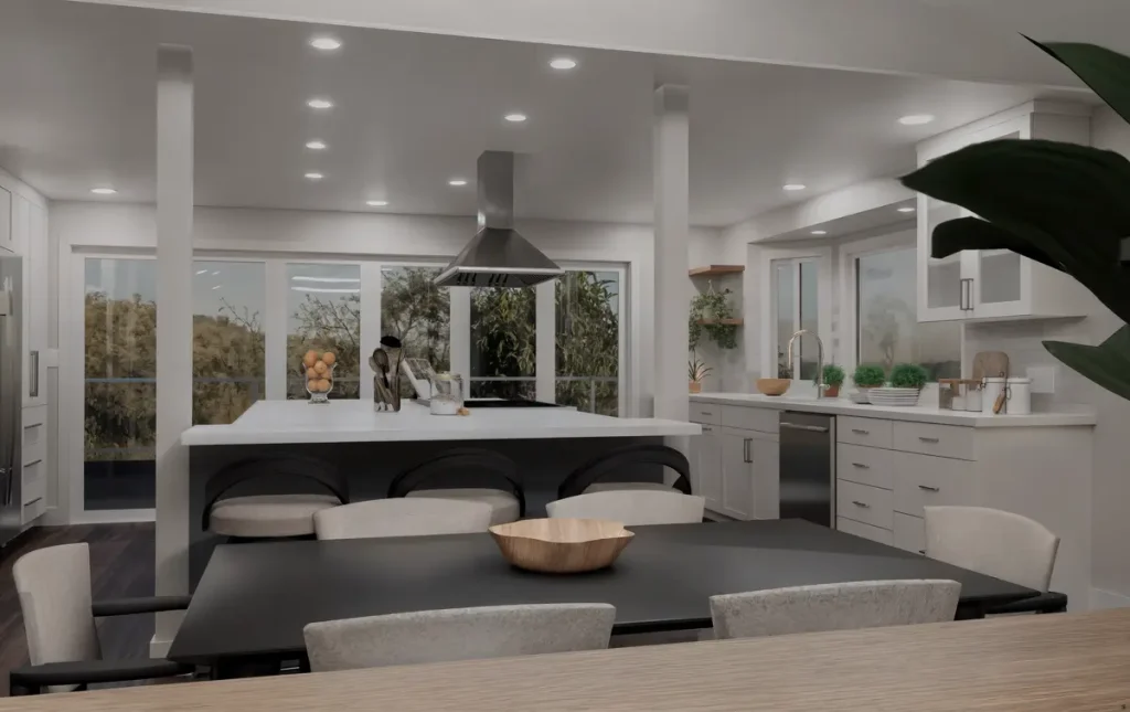 Home Run Design Remodel modern kitchen rendering and dining area with white cabinets, island seating, stainless steel appliances, large windows. 3D rendering of an open kitchen and dining area with white cabinets, a dark center island, and a wall of glass doors, made during design for a whole-home remodel in Edmonds, WA