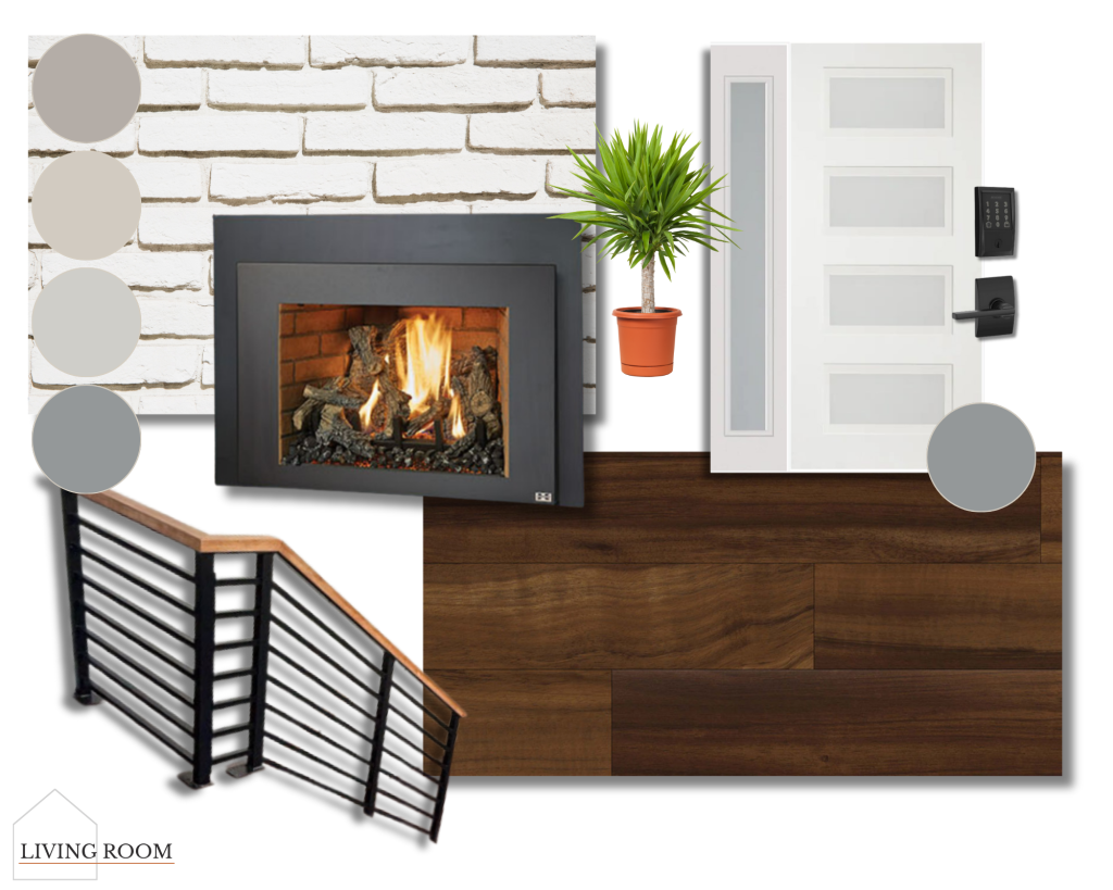 Home Run Design Remodel living room mood board with gray paint, white brick wall, gas fireplace, wood floor, and modern finishes.